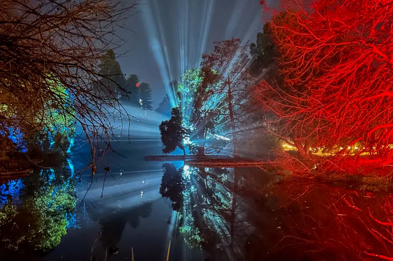 Colorful lights illuminate trees and reflect on a calm lake at night, with blue and red hues creating dramatic beams through the mist.