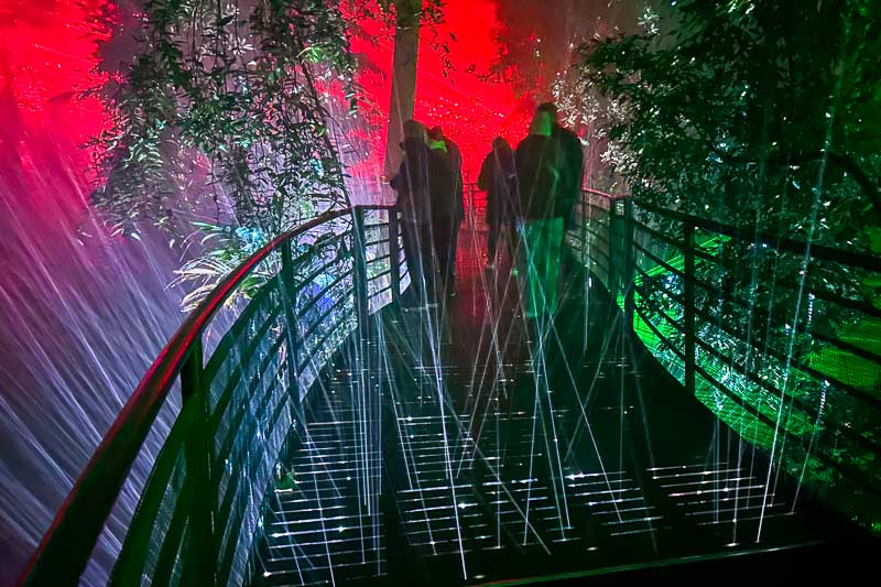 People walk on a bridge surrounded by trees, illuminated by red, green, and white lights with beams of light creating a vibrant atmosphere.