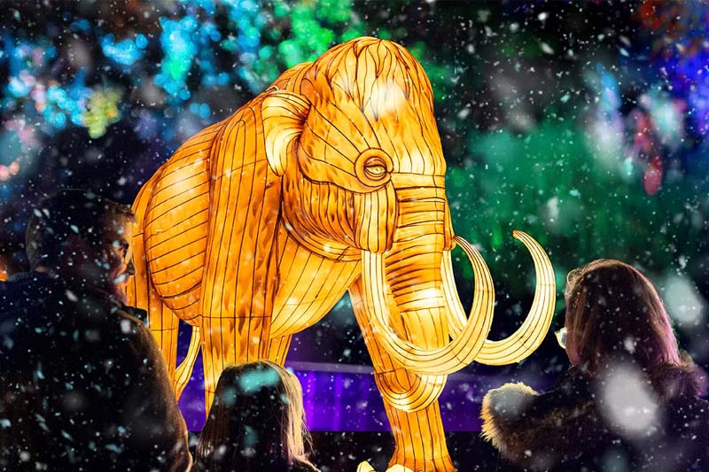 A large illuminated mammoth lantern on display outdoors at night, surrounded by people and falling snow.